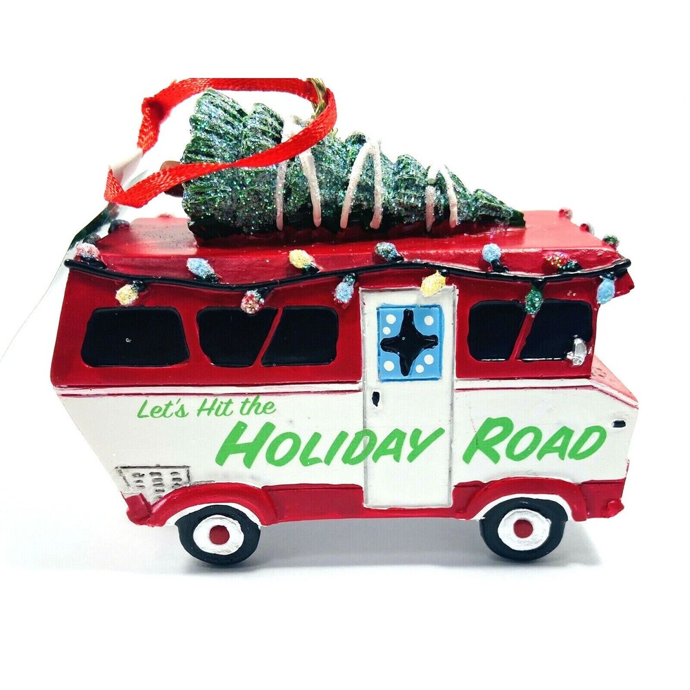 Kurt Adler Holiday Road Red and White Camper with Tree Resin Ornament